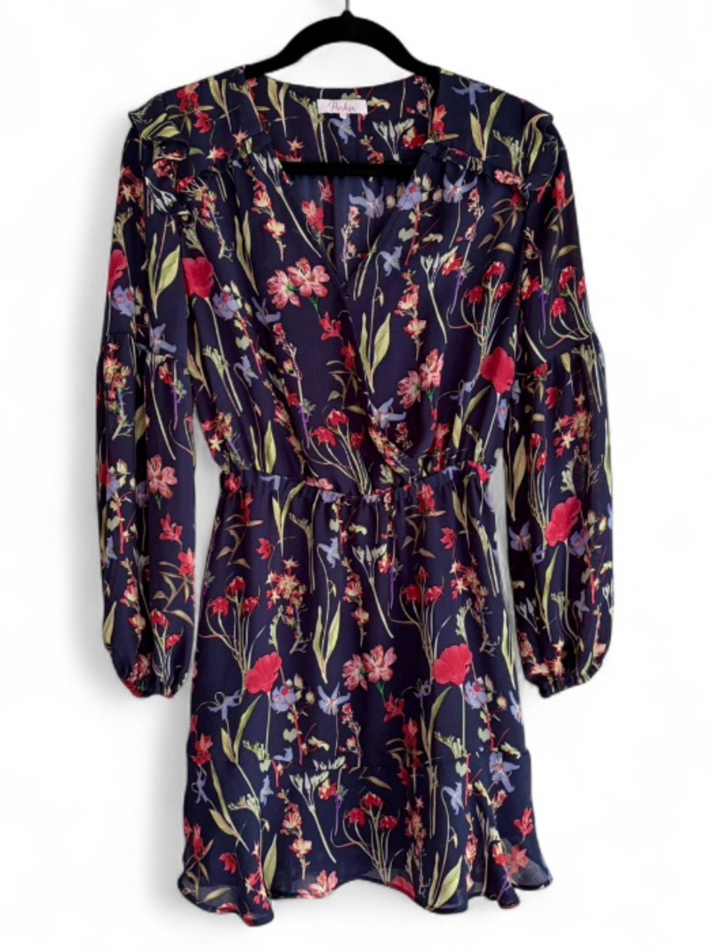 Parker Navy Blue Floral Long Sleeve Mini Dress Size XS